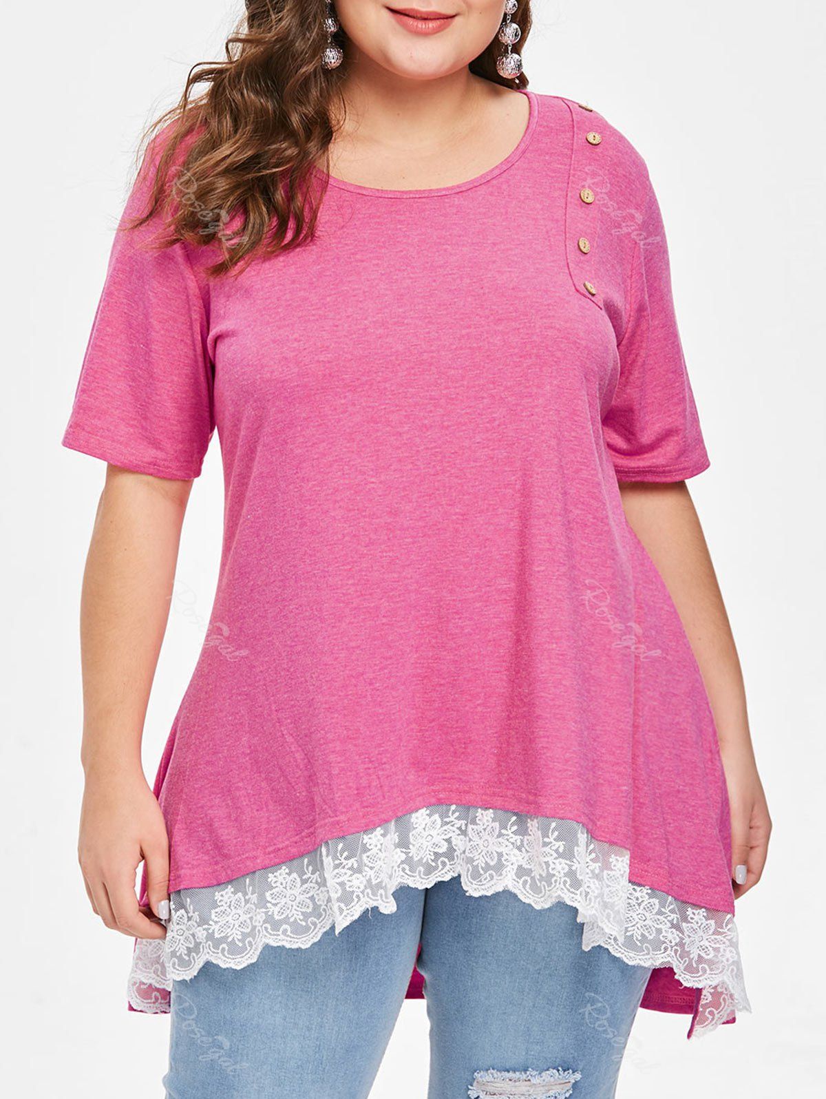 

Lace Hem Plus Size Round Neck T-shirt, Rose red
