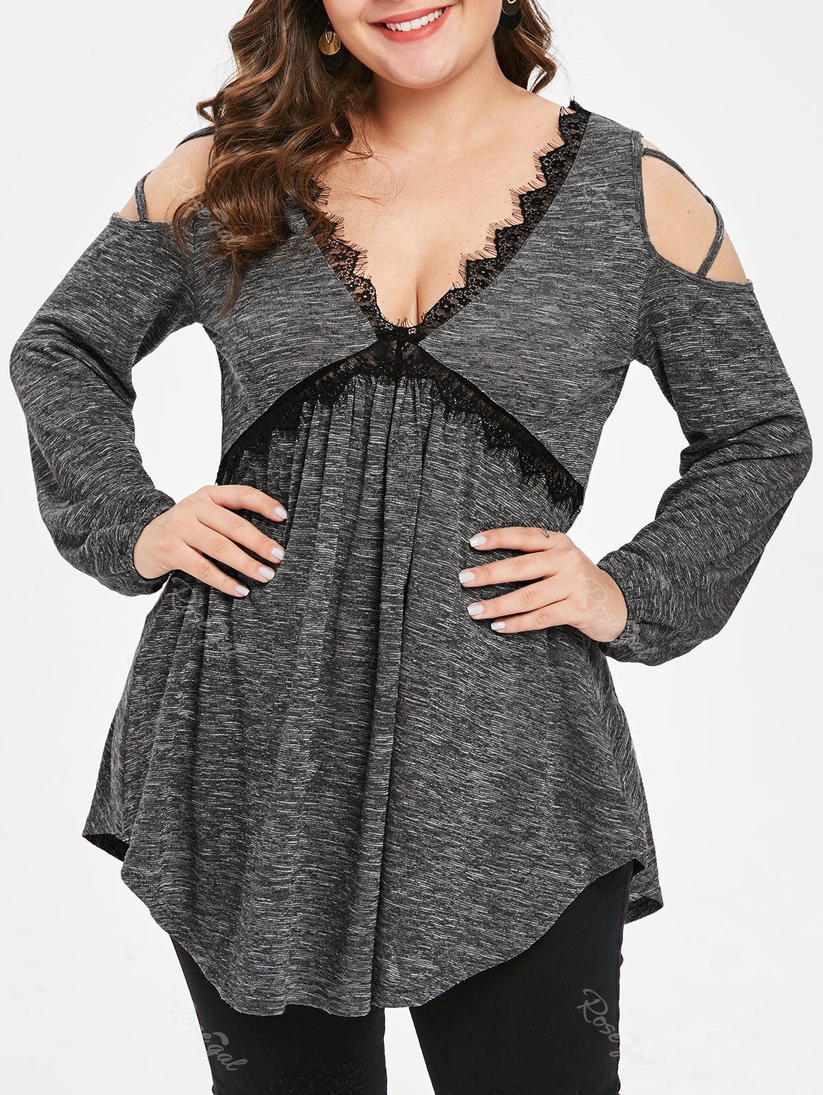 

Plus Size Open Shoulder Plunge Marled T-shirt, Smokey gray