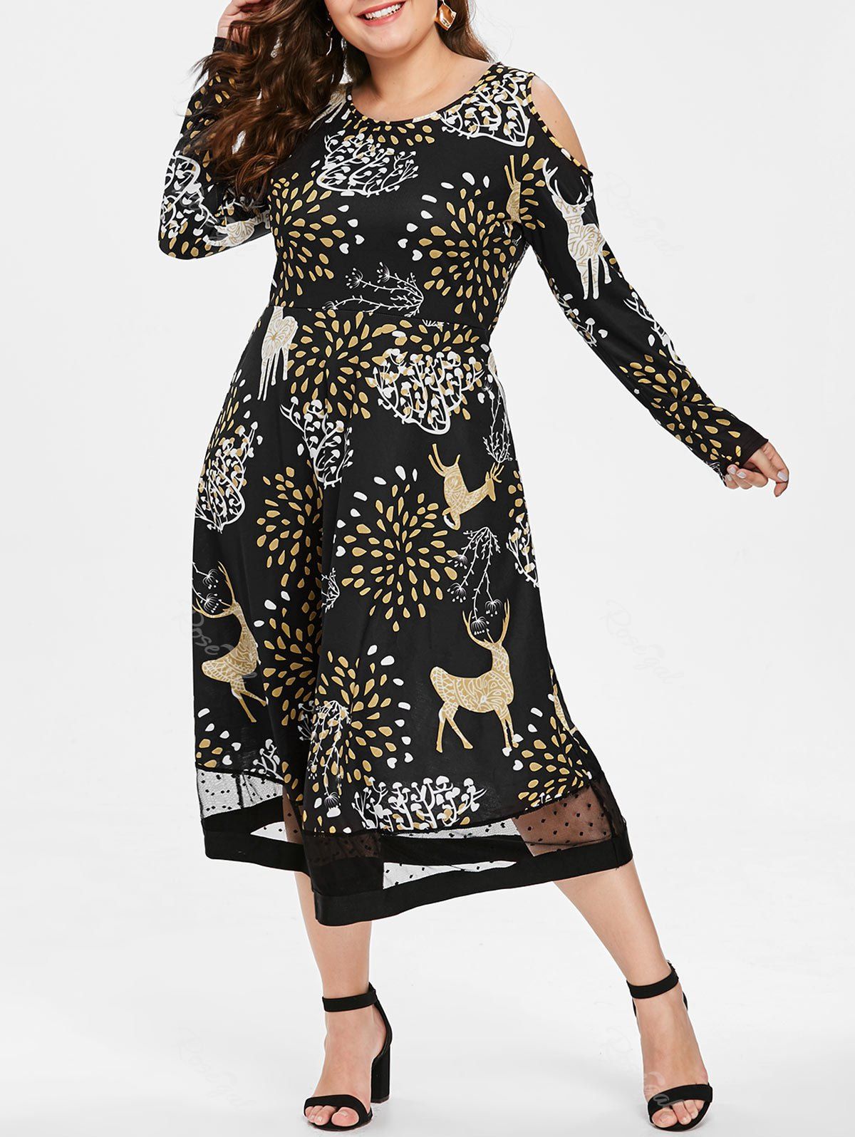 

Plus Size Cold Shoulder Printed Midi Christmas Dress, Black