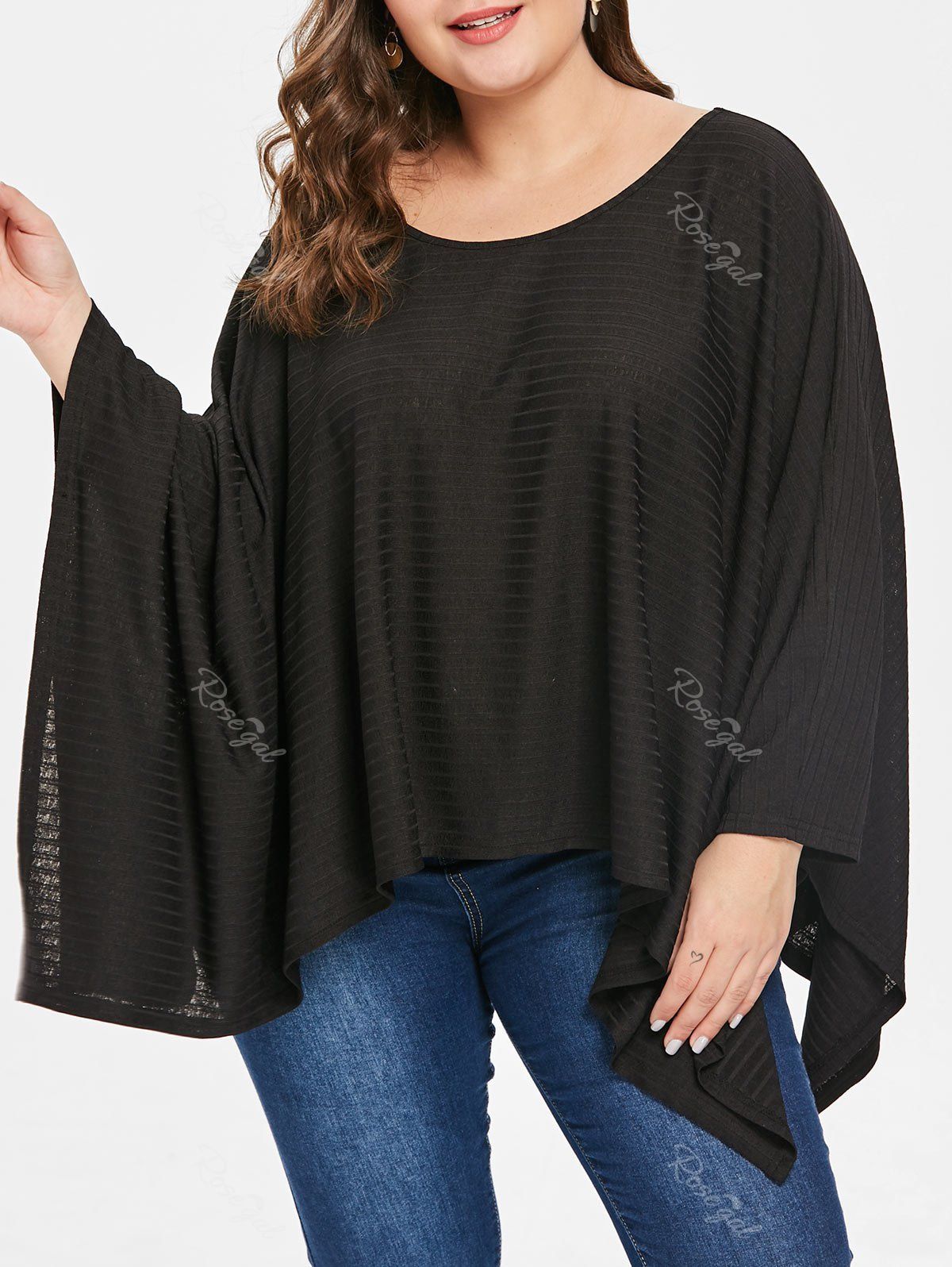 

Round Neck Plus Size Asymmetrical Hem T-shirt, Black