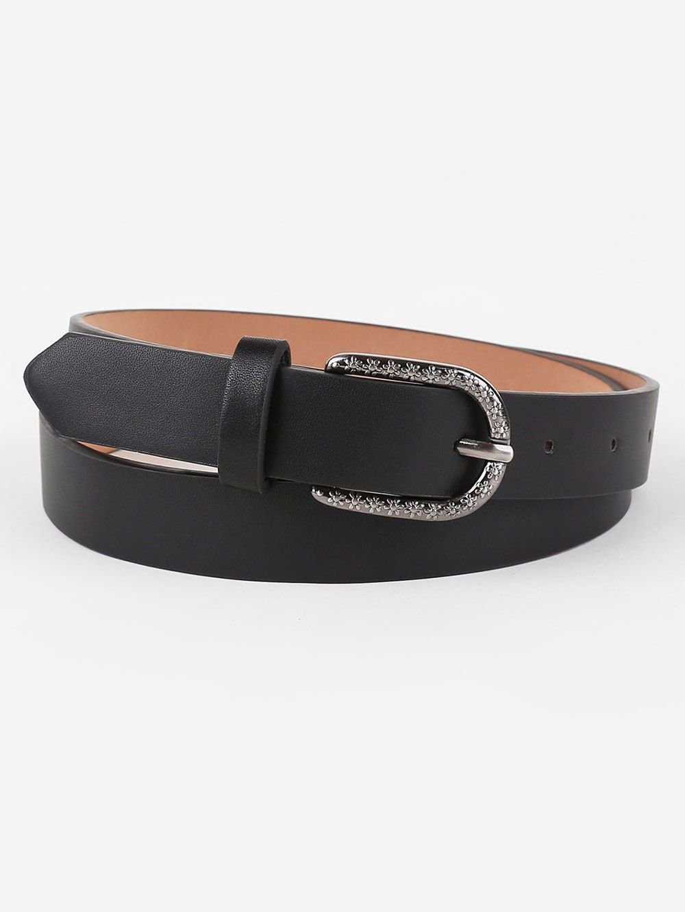 

Vintage Carving Flowers Metal Buckle Waist Belt, Black