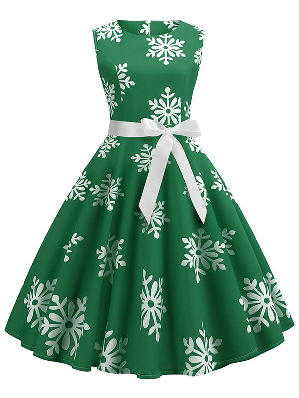 

Christmas Snowflake Print Belted A Line Dress, Jungle green