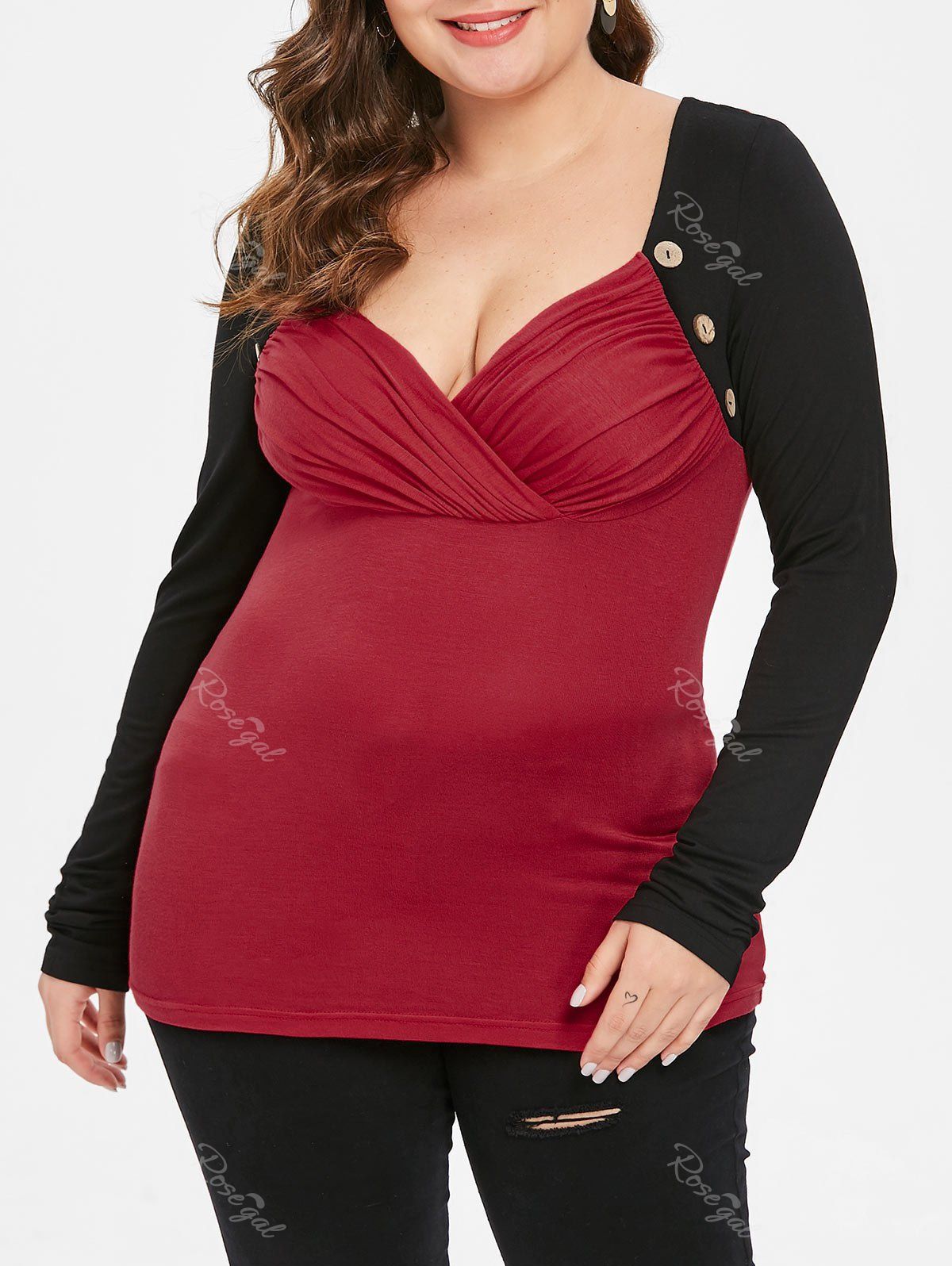 

Plus Size Buttons V Neck Ruched Color Block T Shirt, Red