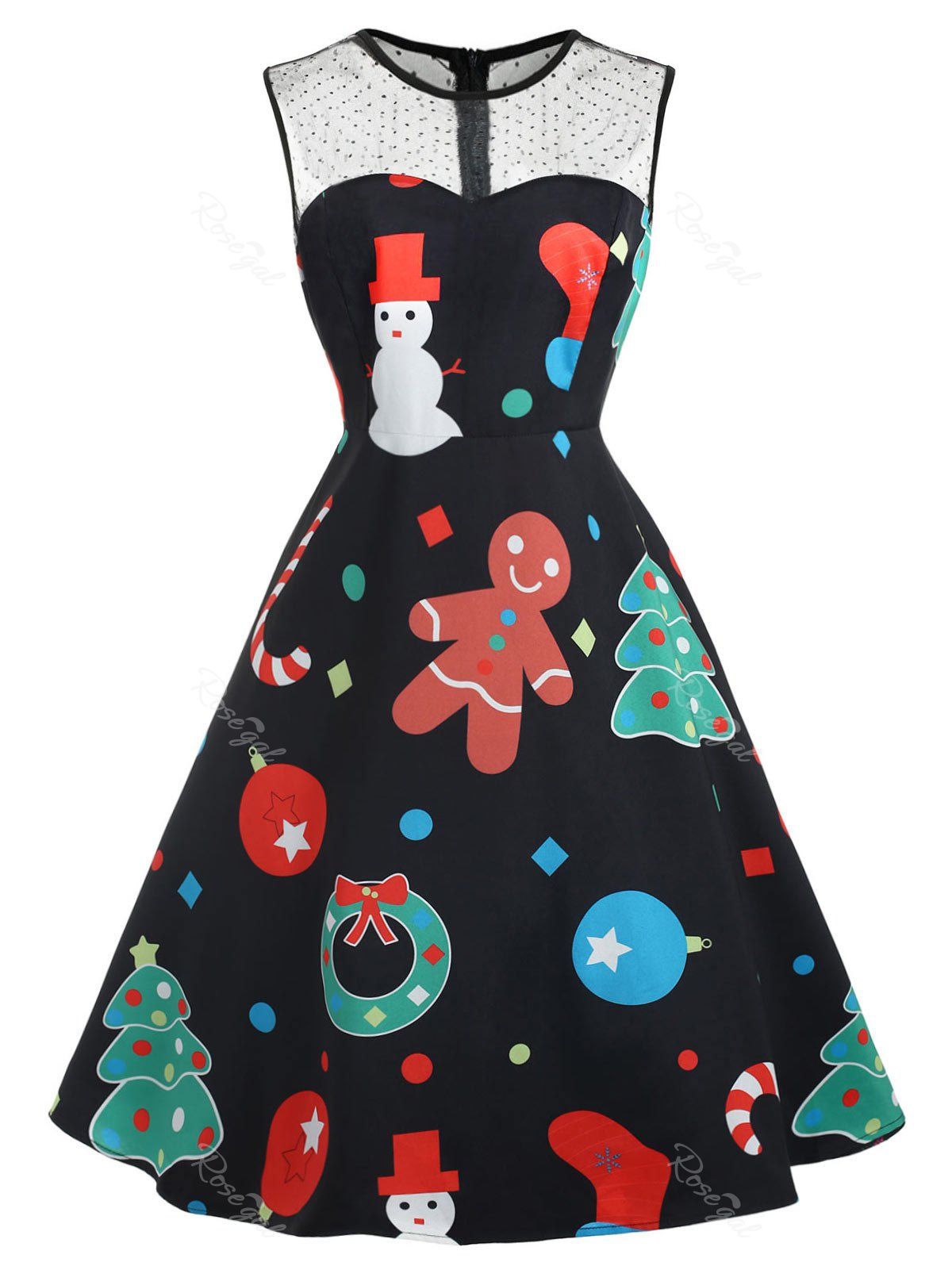 

Plus Size Vintage Christmas Graphic Dress with Mesh, Black