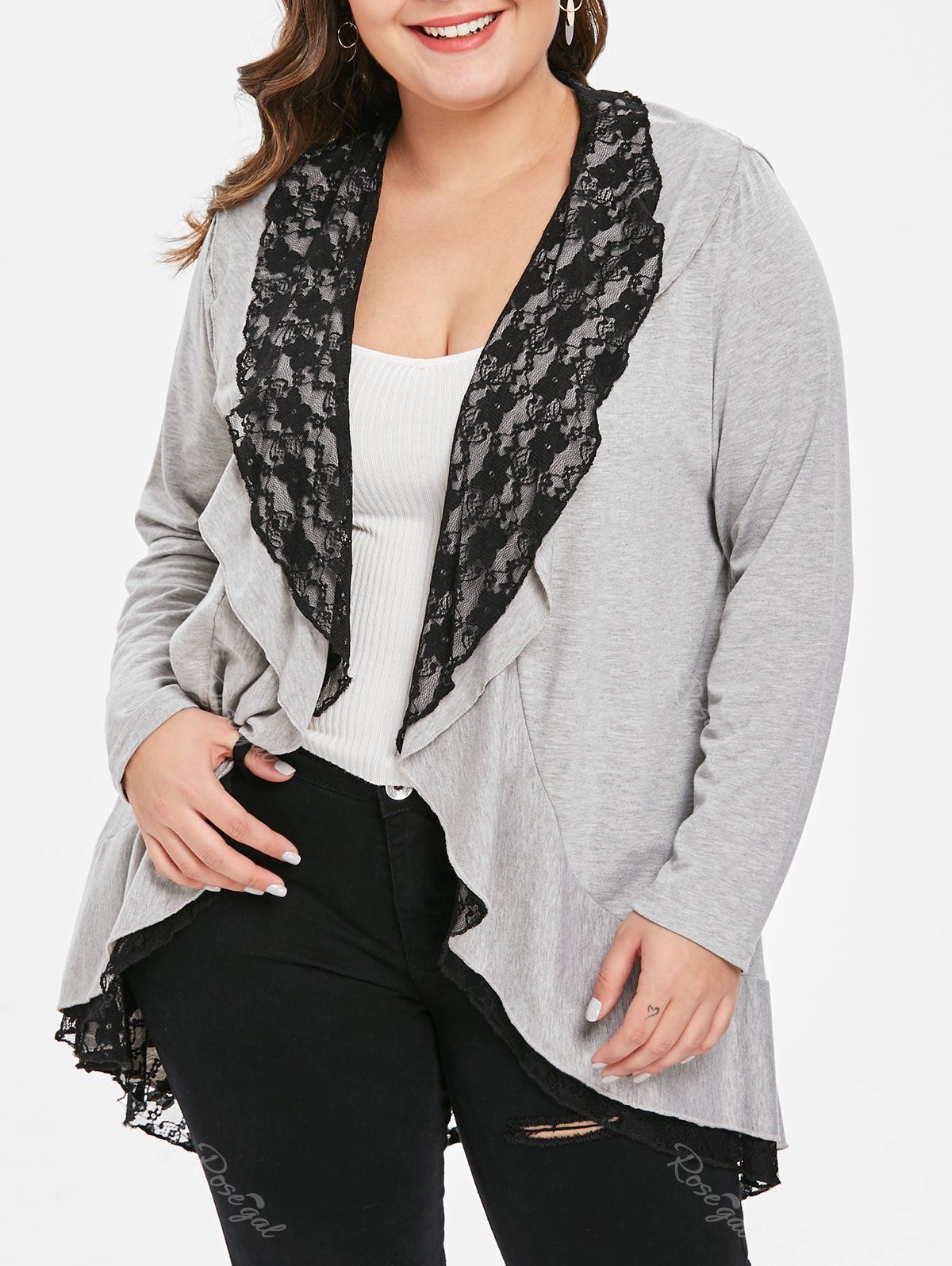 

Plus Size Lace Spliced Duster Coat, Gray