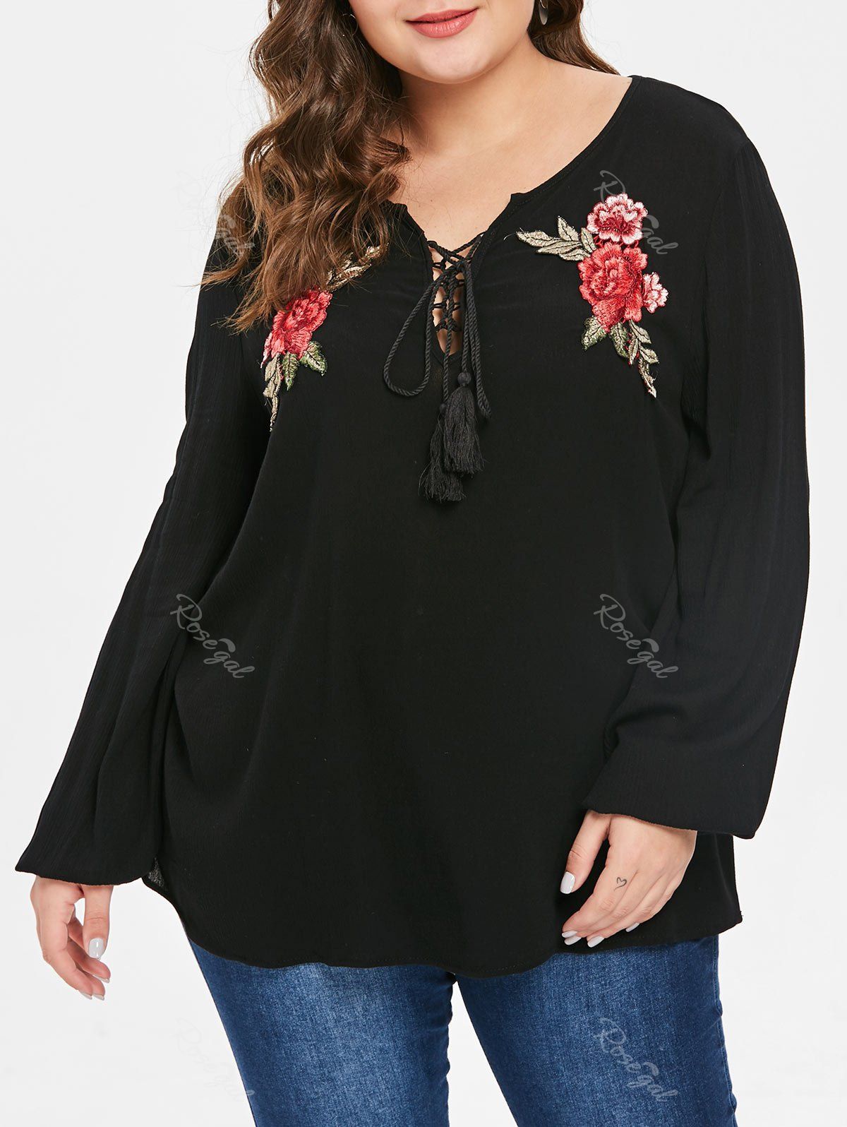 

Plus Size Lace Up Tassels Embroidered Blouse, Black