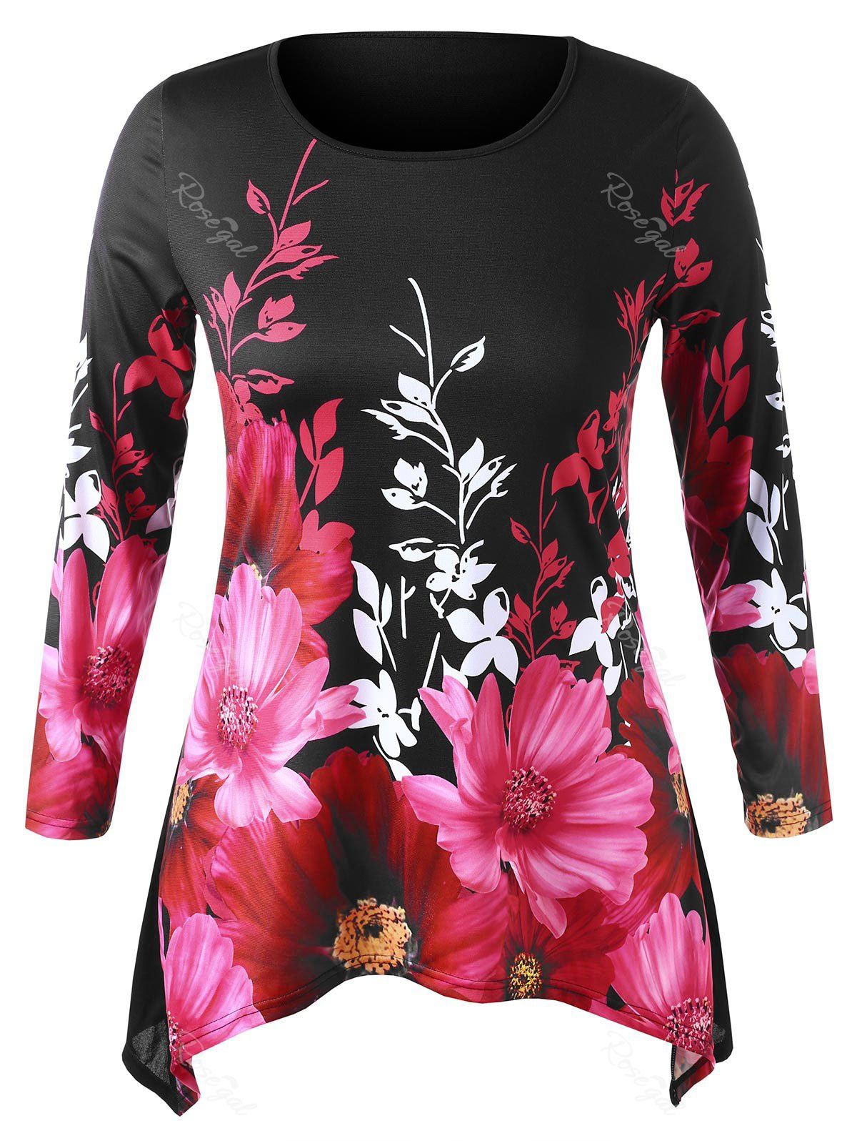 

Plus Size Asymmetric Floral T-shirt, Black