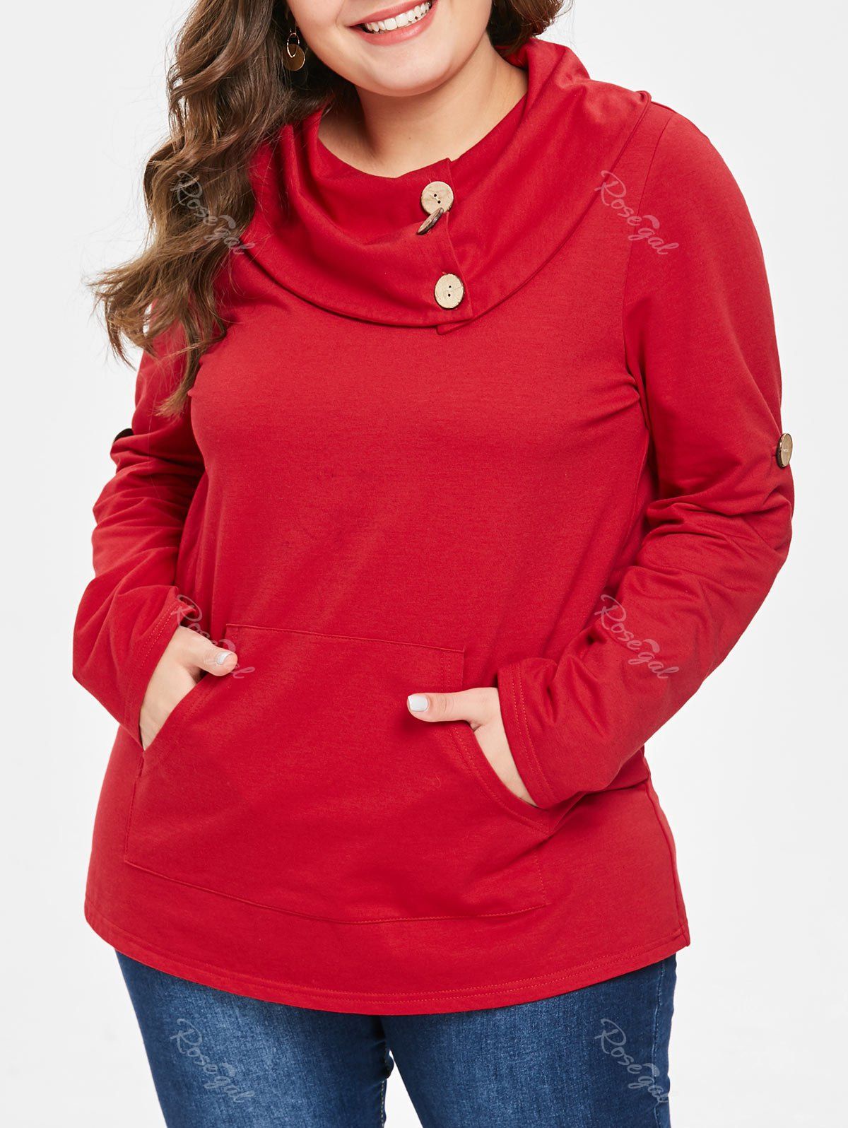 

Plus Size Kangaroo Pocket Cowl Neck Sweatshirt, Red