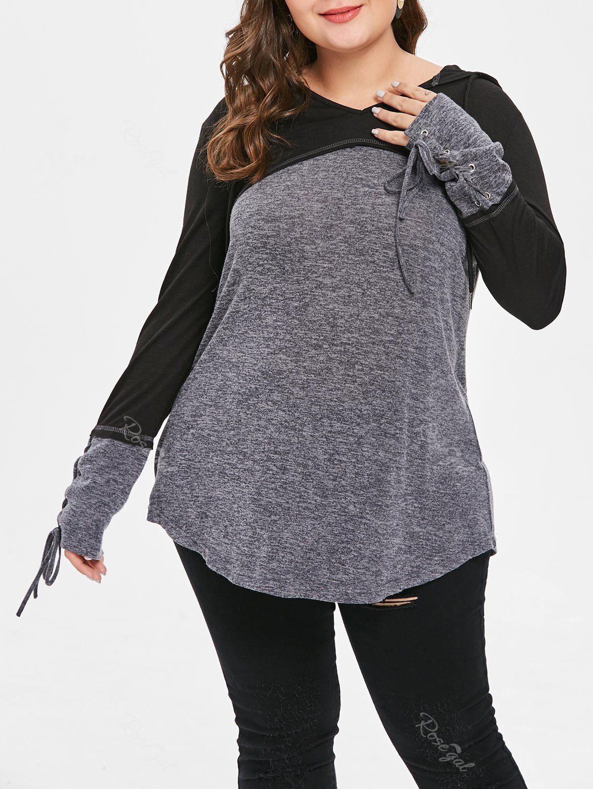 

Lace Up Sleeve Plus Size Hooded T-shirt, Gray