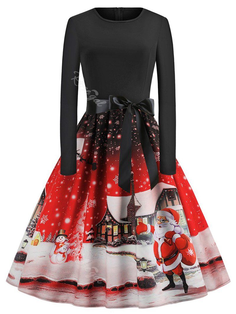 

Plus Size Vintage Christmas Printed Flare Dress, Red