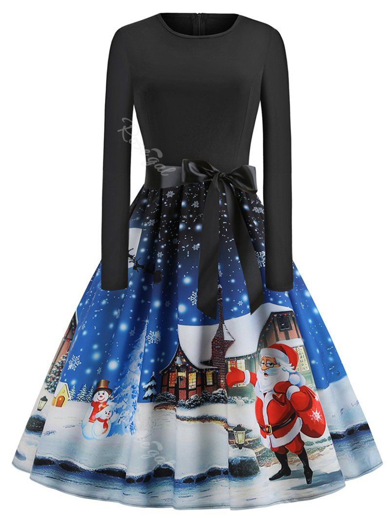 

Plus Size Vintage Christmas Printed Flare Dress, Blue