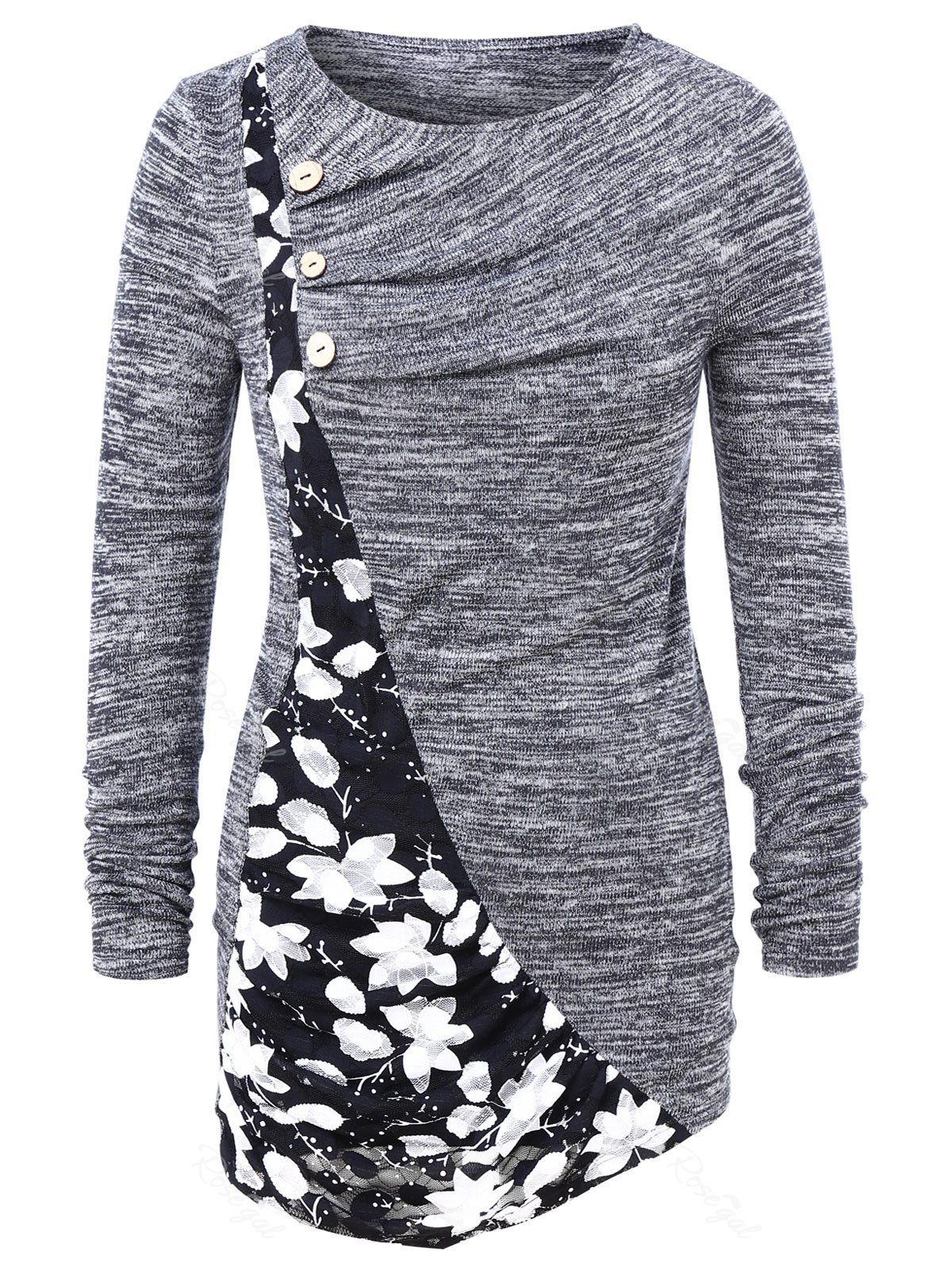 Plus Size Buttoned Pleated High Low Hem T-shirt, Gray