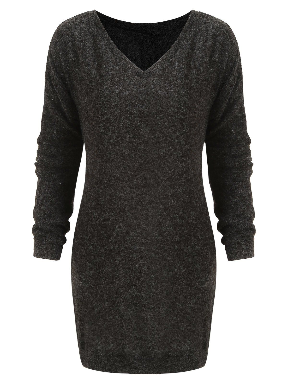 

Drop Shoulder Longline V Neck Sweater, Dark gray