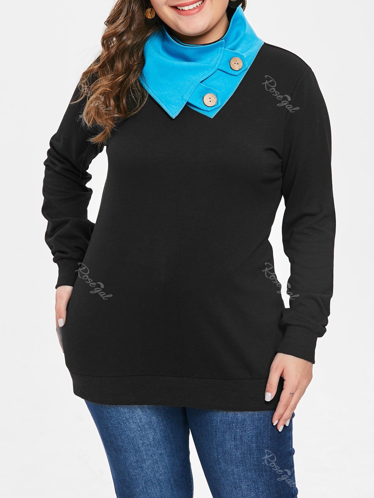 

Plus Size Button Embellished Sweatshirt, Black