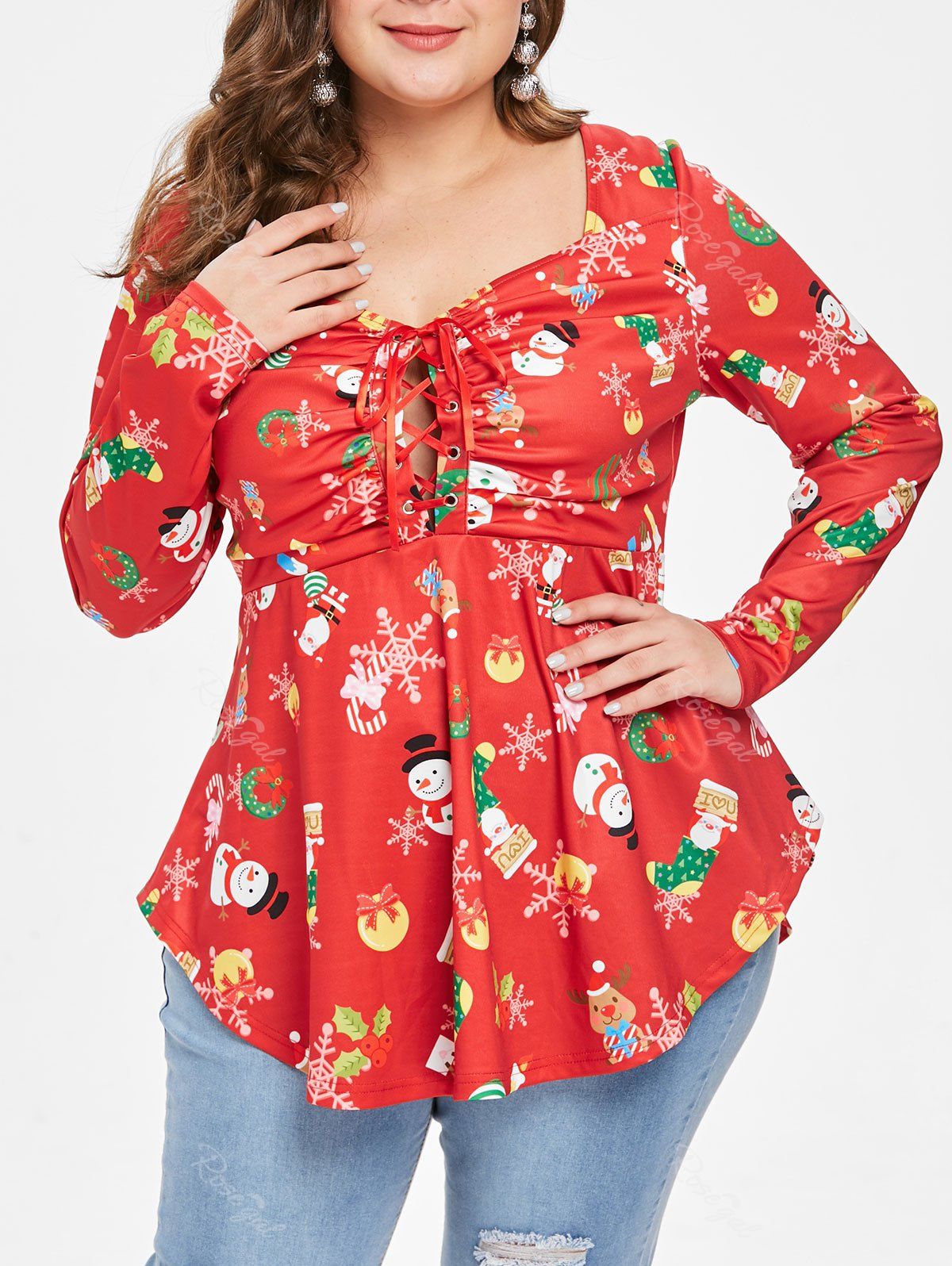 

Christmas Plus Size Printed Lace Up Handkerchief Tee, Red