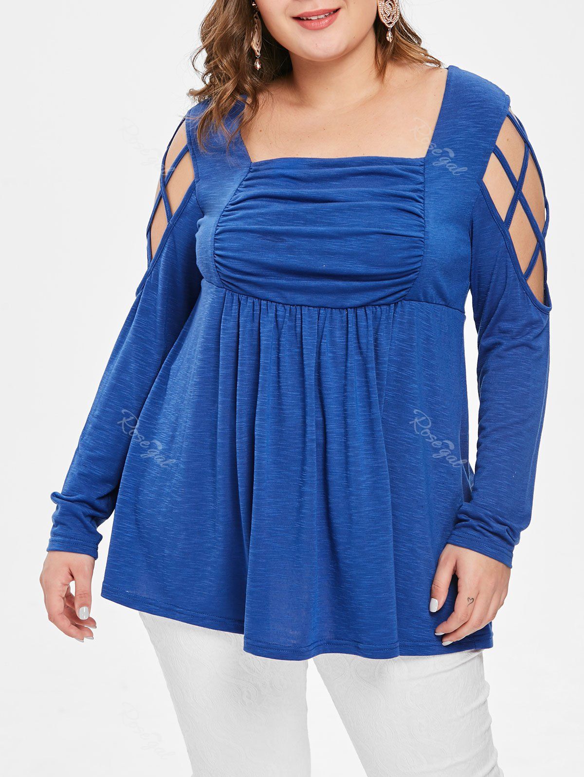 

Plus Size Square Neck Strappy Cut Out Long Sleeves Ruched Tee, Silk blue