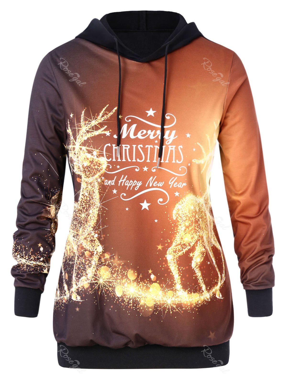 

Christmas Shining Elk Print Plus Size Hoodie, Black