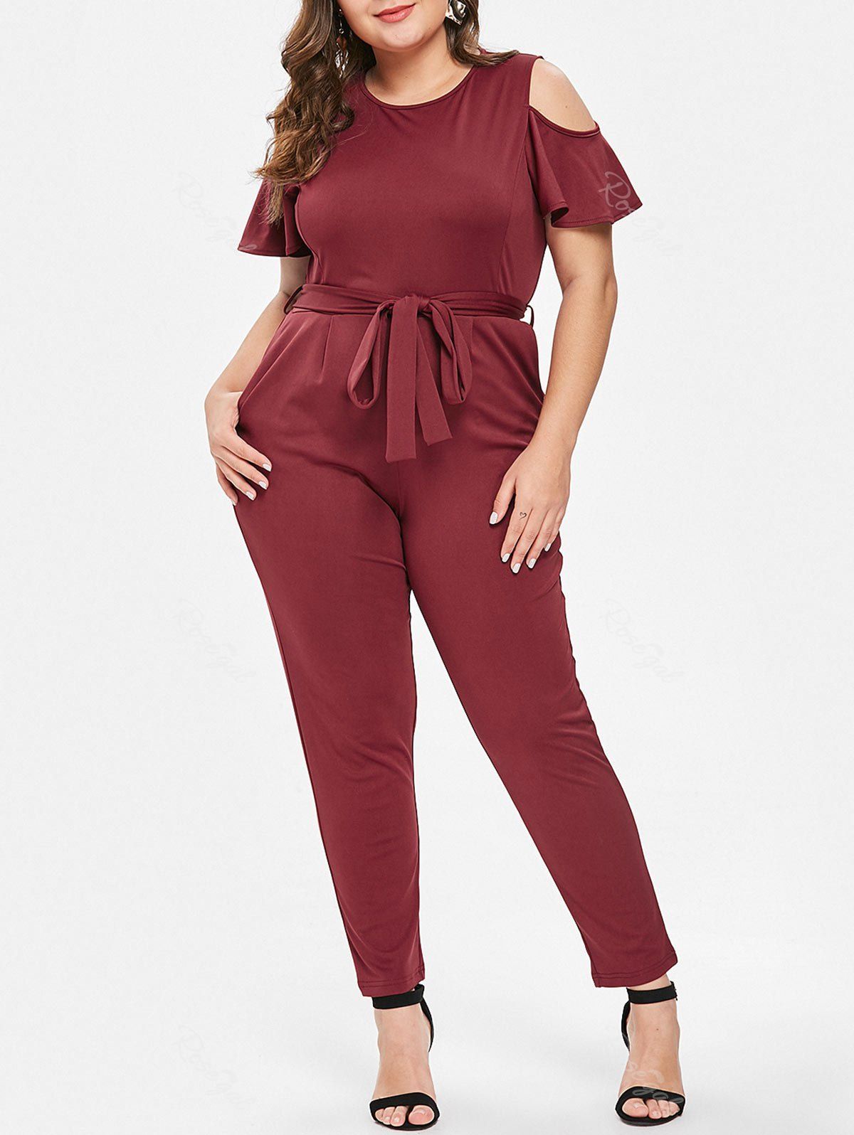 

Cold Shoulder Round Neck Plus Size Jumpsuit, Red wine