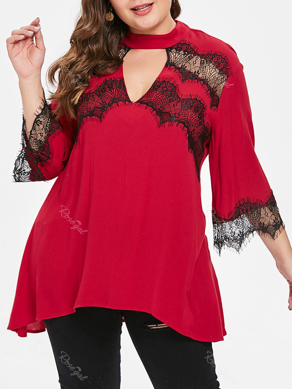 

Plus Size Sheer Lace Keyhole Blouse, Lava red