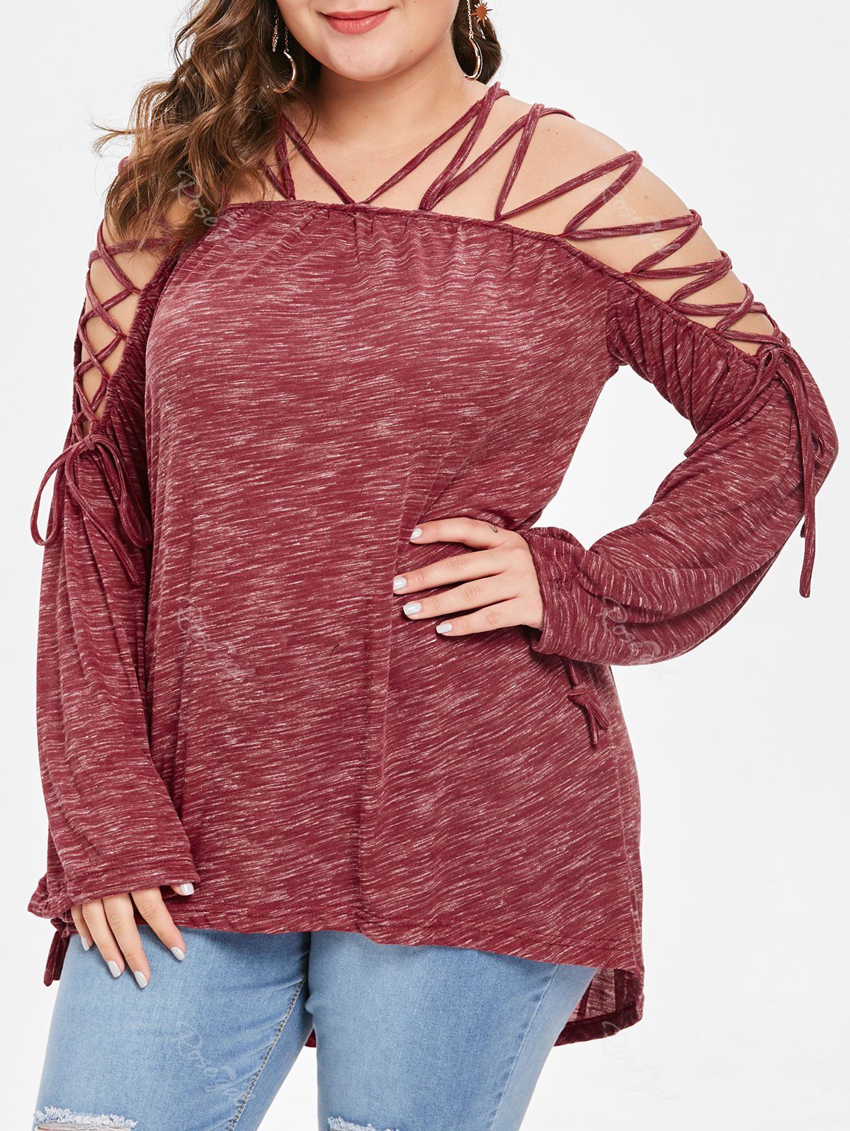 

Plus Size Strappy Lace Up Space Dyed T-shirt, Red wine