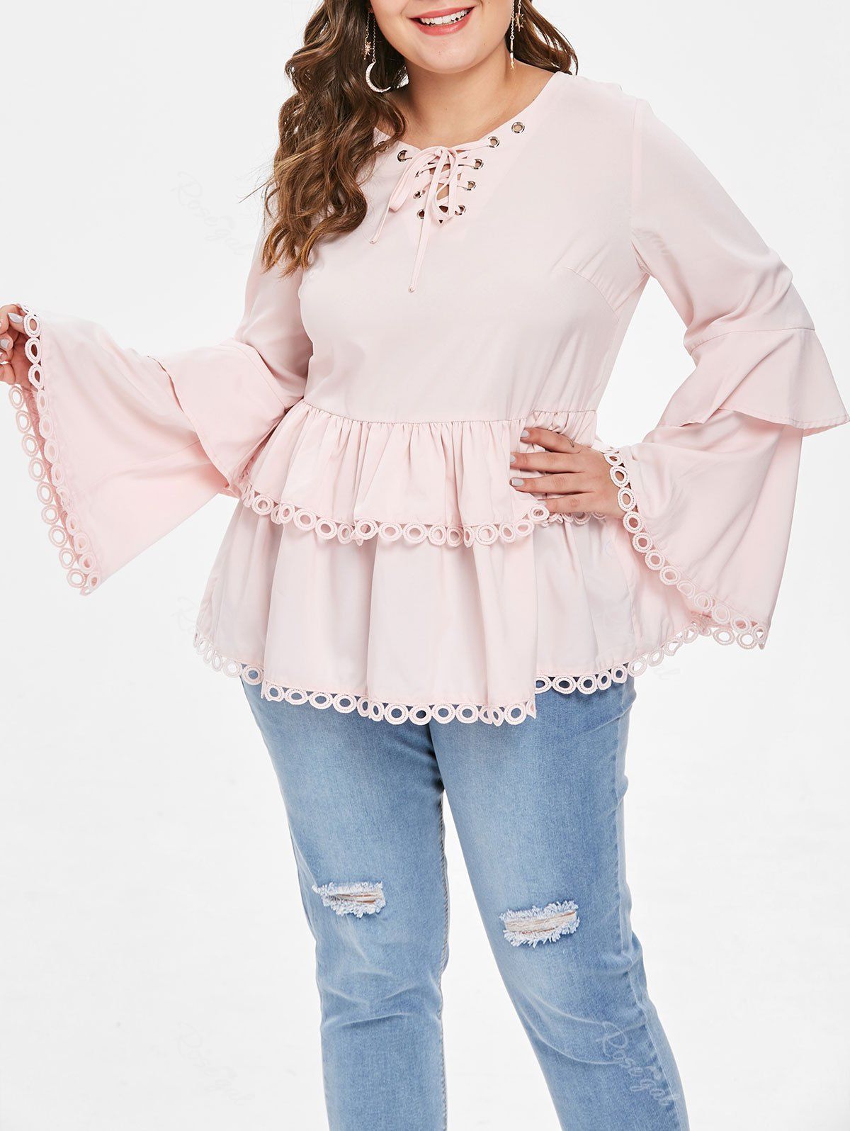 

Plus Size Lace Hem Lace Up Flare Sleeves Frill Blouse, Light pink