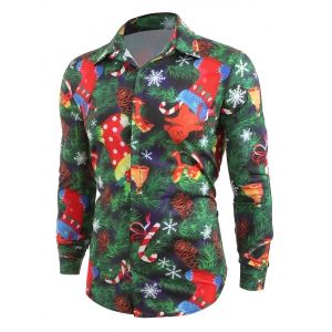 

Christmas Theme Print Hidden Button Shirt, Pine green