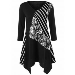 

Geometric Pattern and Striped Print Plus Size Dress, Black