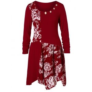 

Plus Size Long Sleeves Buttons Longline Floral Top, Red wine