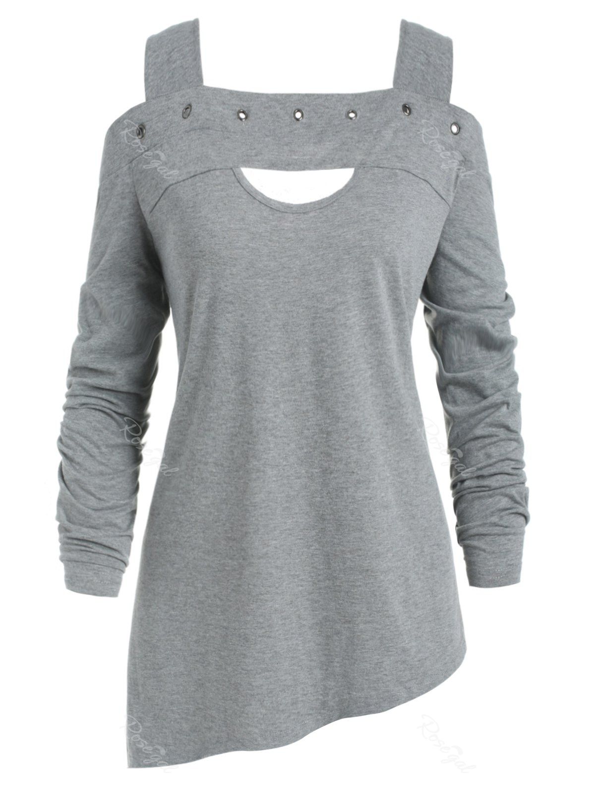 

Grommet Embellished Plus Size Cold Shoulder T-shirt, Gray