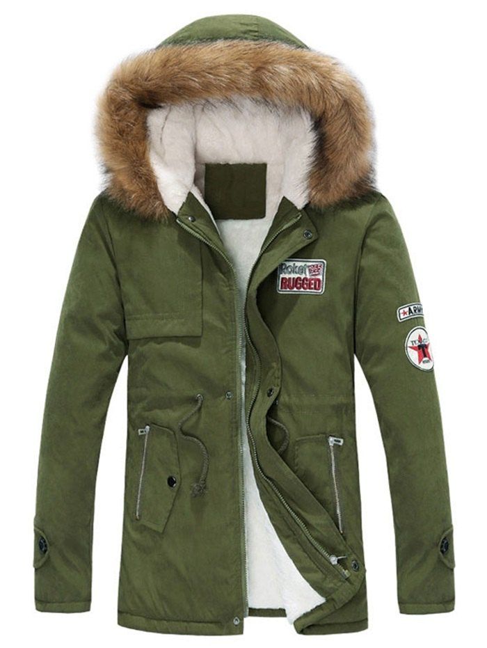 

Faux Fur Hood Appliques Fluffy Lined Jacket, Army green