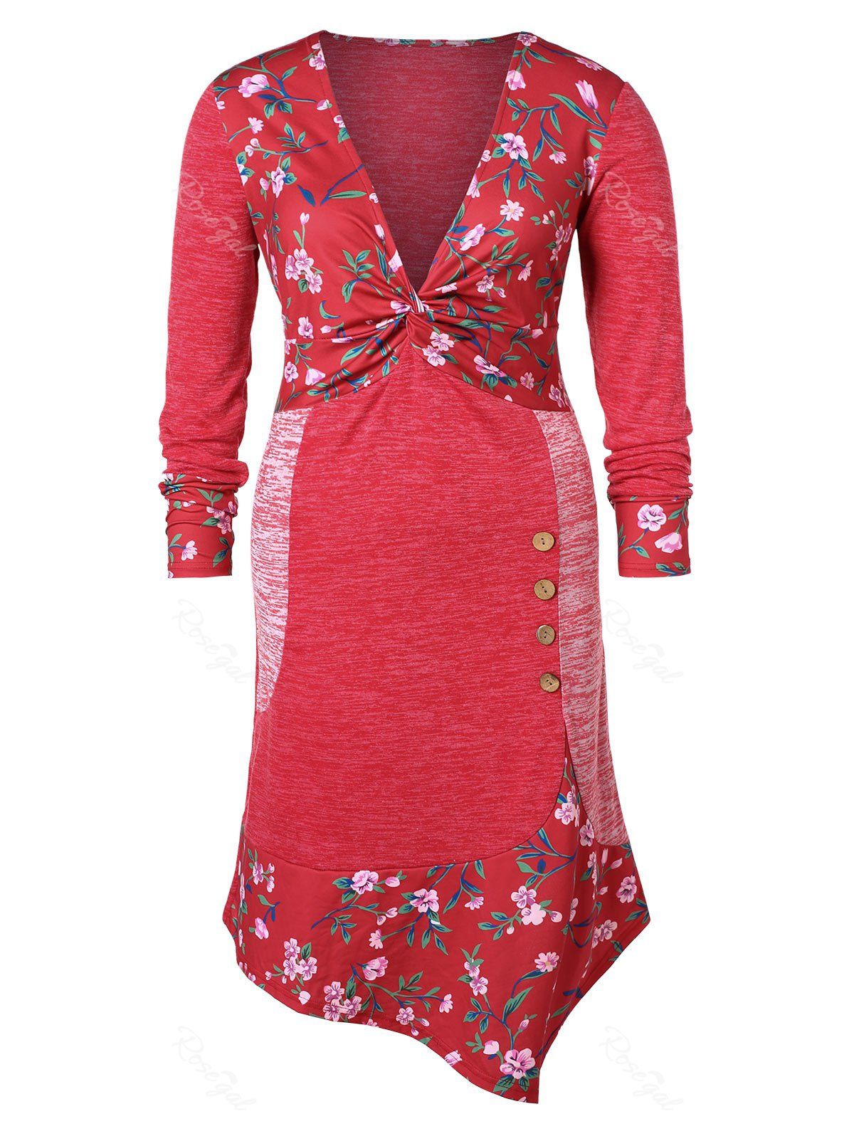 

Plus Size Floral Buttoned High Low Dress, Red