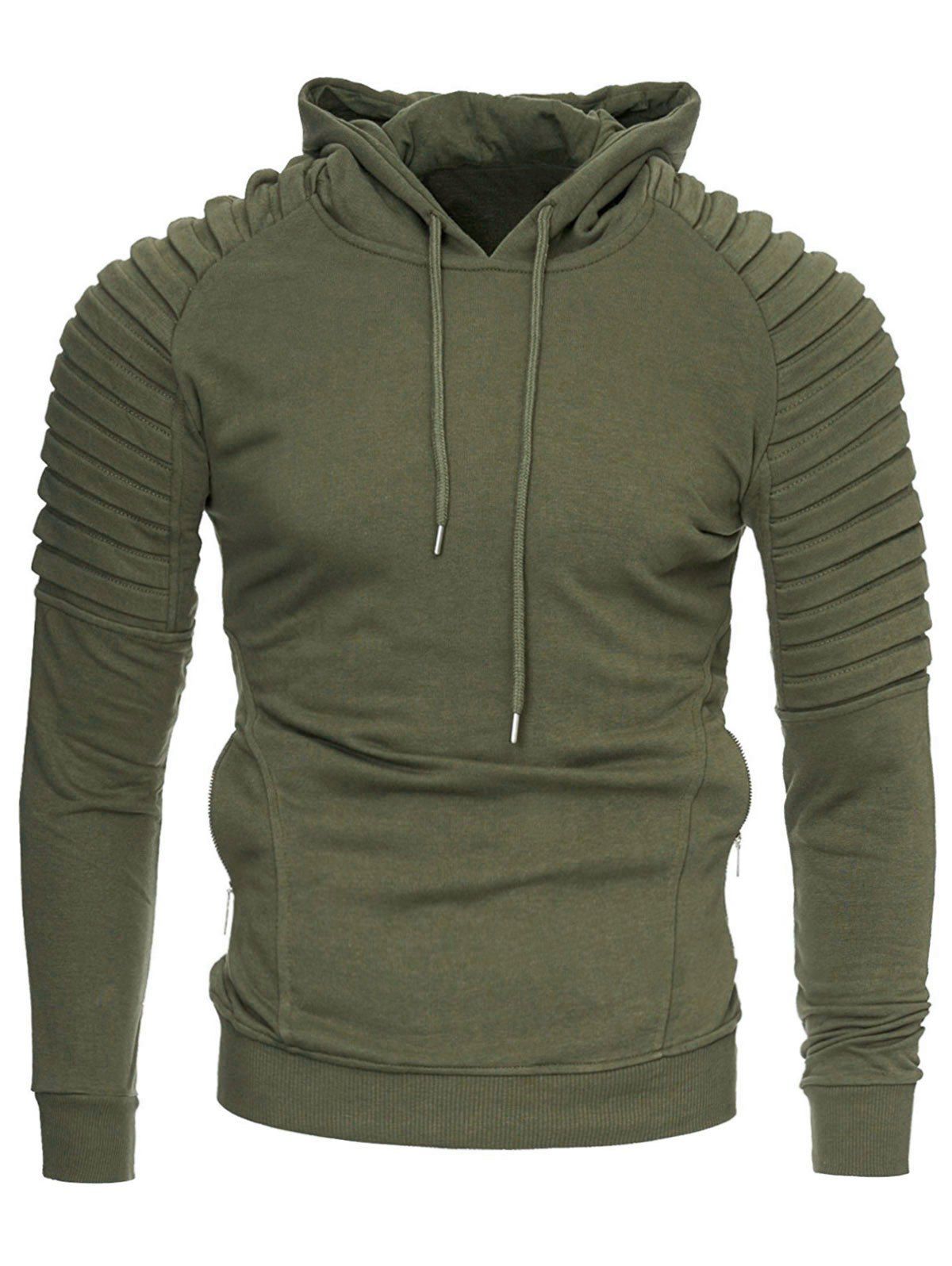 

Casual Solid Pleated Zip Pocket Fleece Hoodie, Army green