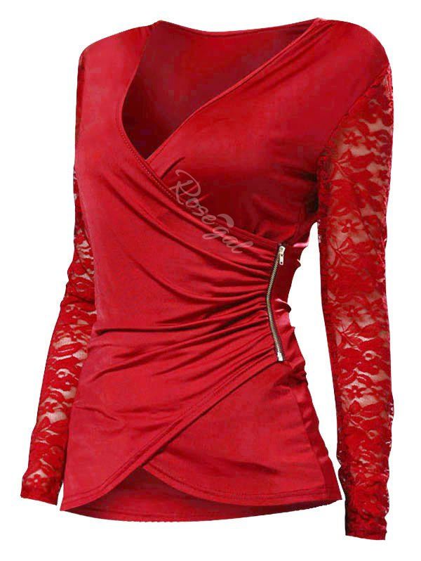 

Plus Size Lace Spliced Zip Long Sleeves Wrap Tee, Red