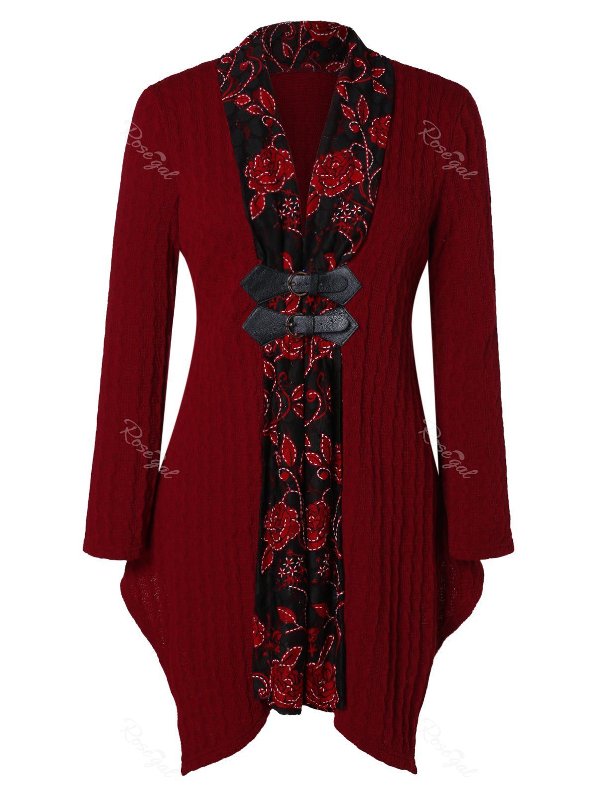 

Plus Size Floral Trim Asymmetrical Cable Knit Cardigan, Red wine
