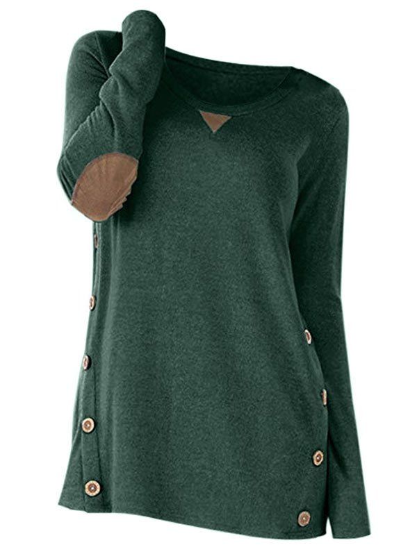 

Panel Round Neck Button Sweater, Green