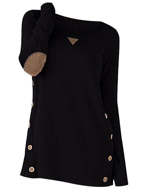 

Panel Round Neck Button Sweater, Black