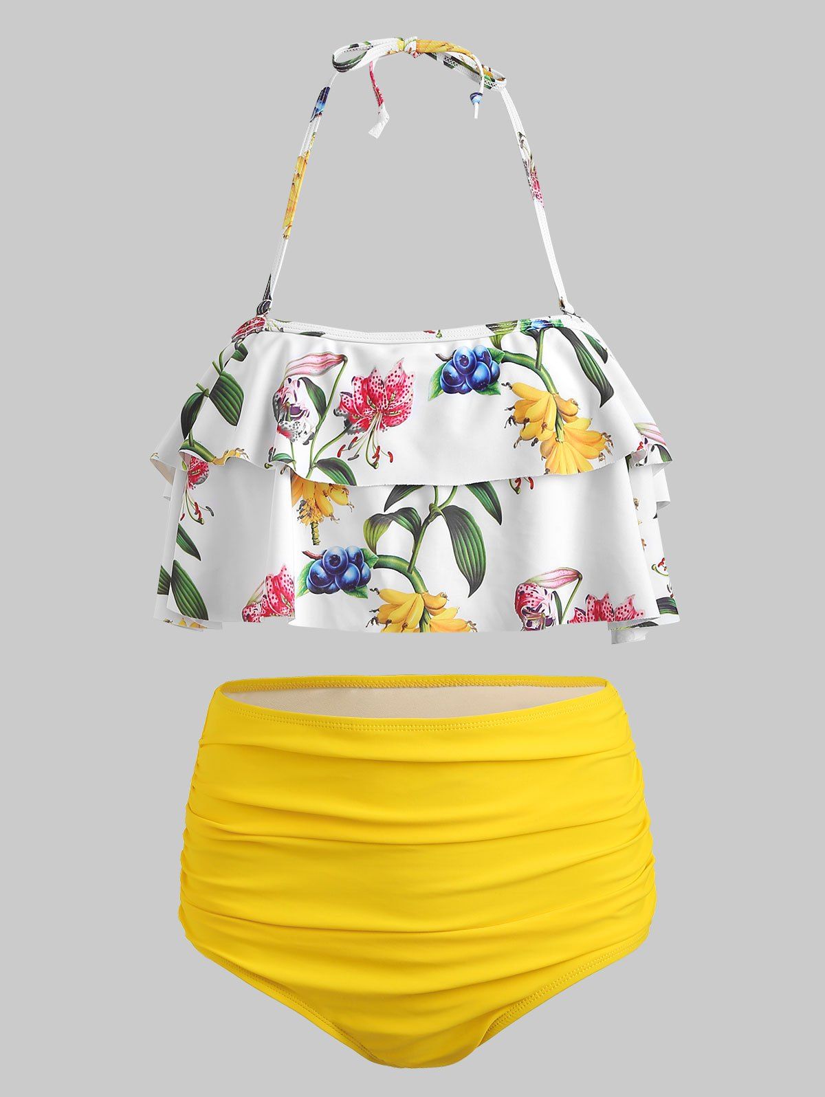 

Floral High Waist Halter Bikini Set, Bright yellow