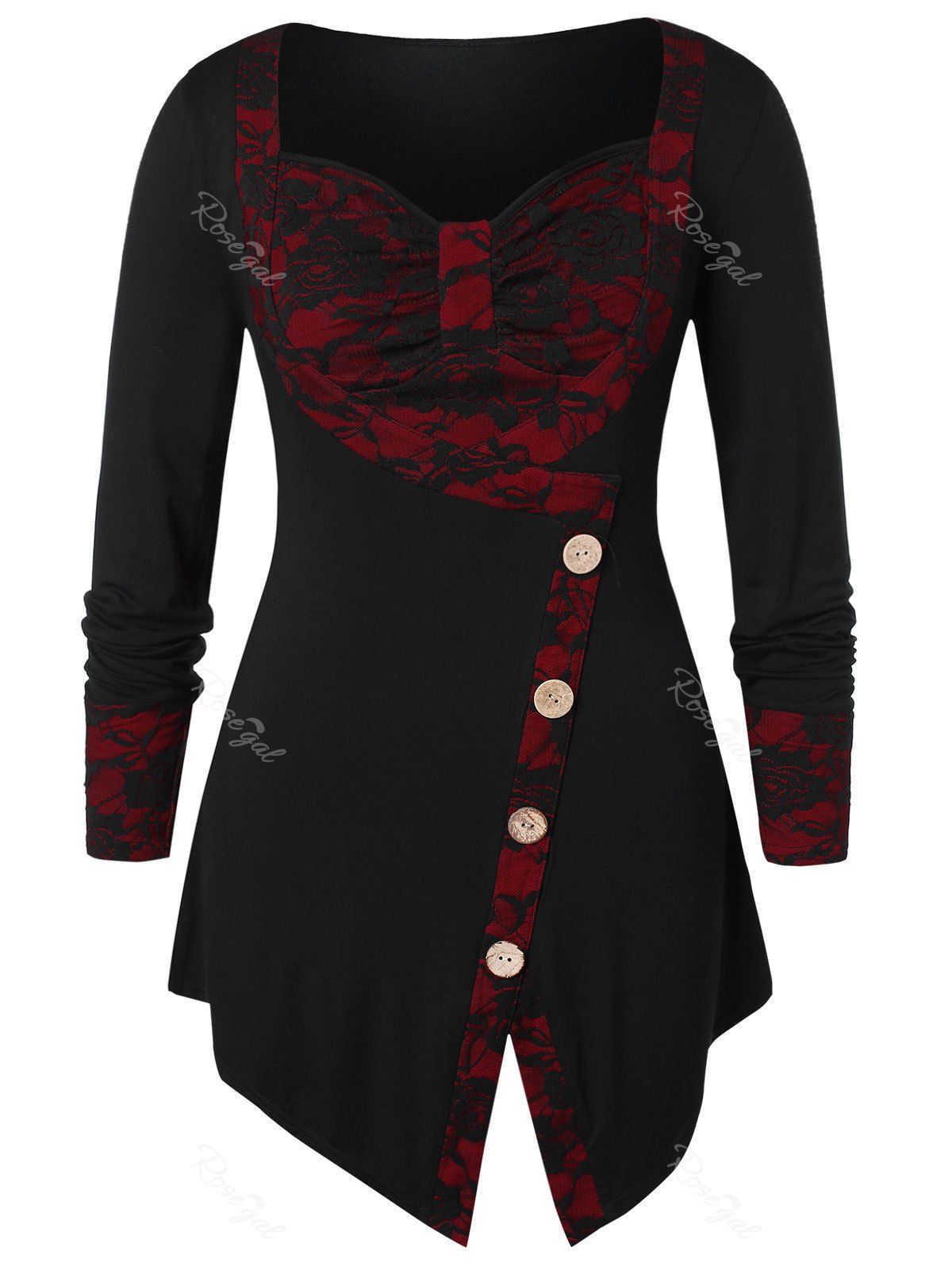 

Plus Size Lace Panel Buttons Asymmetrical T-shirt, Black