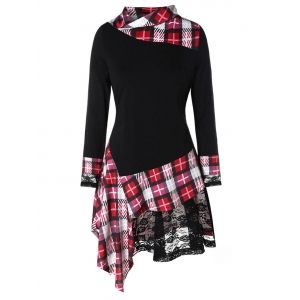 

Plus Size Lace Insert Irregular Plaid T-shirt, Multi