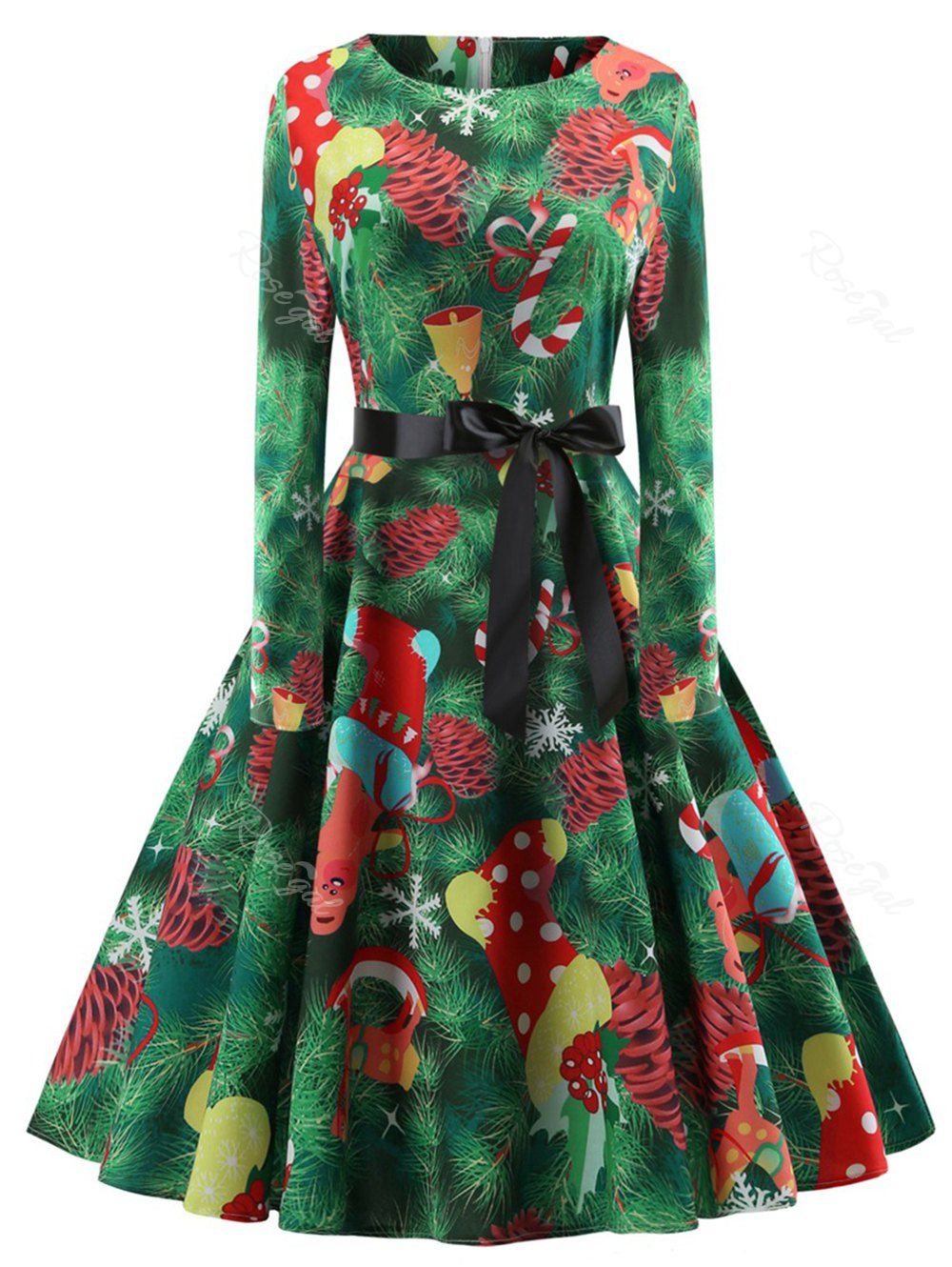 

Plus Size Vintage Christmas Printed Flare Dress, Green