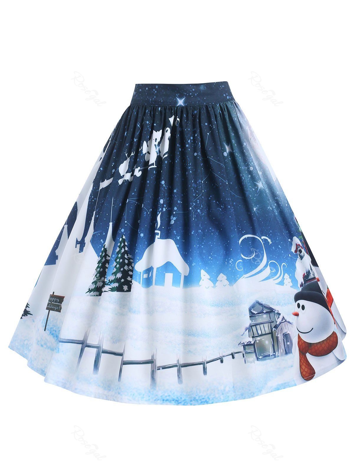 

Plus Size Christmas Printed Mid Calf Skirt, Blue