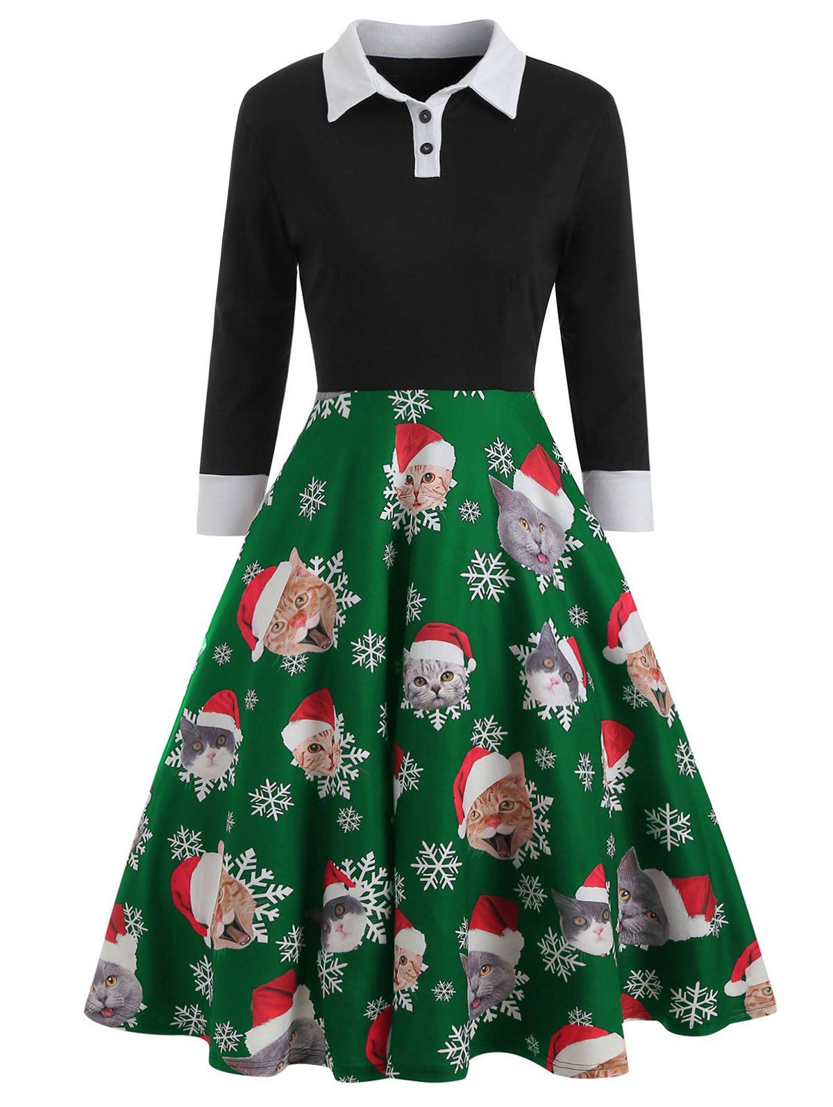 

Christmas Cat Pattern Turn Down Collar Dress, Jungle green