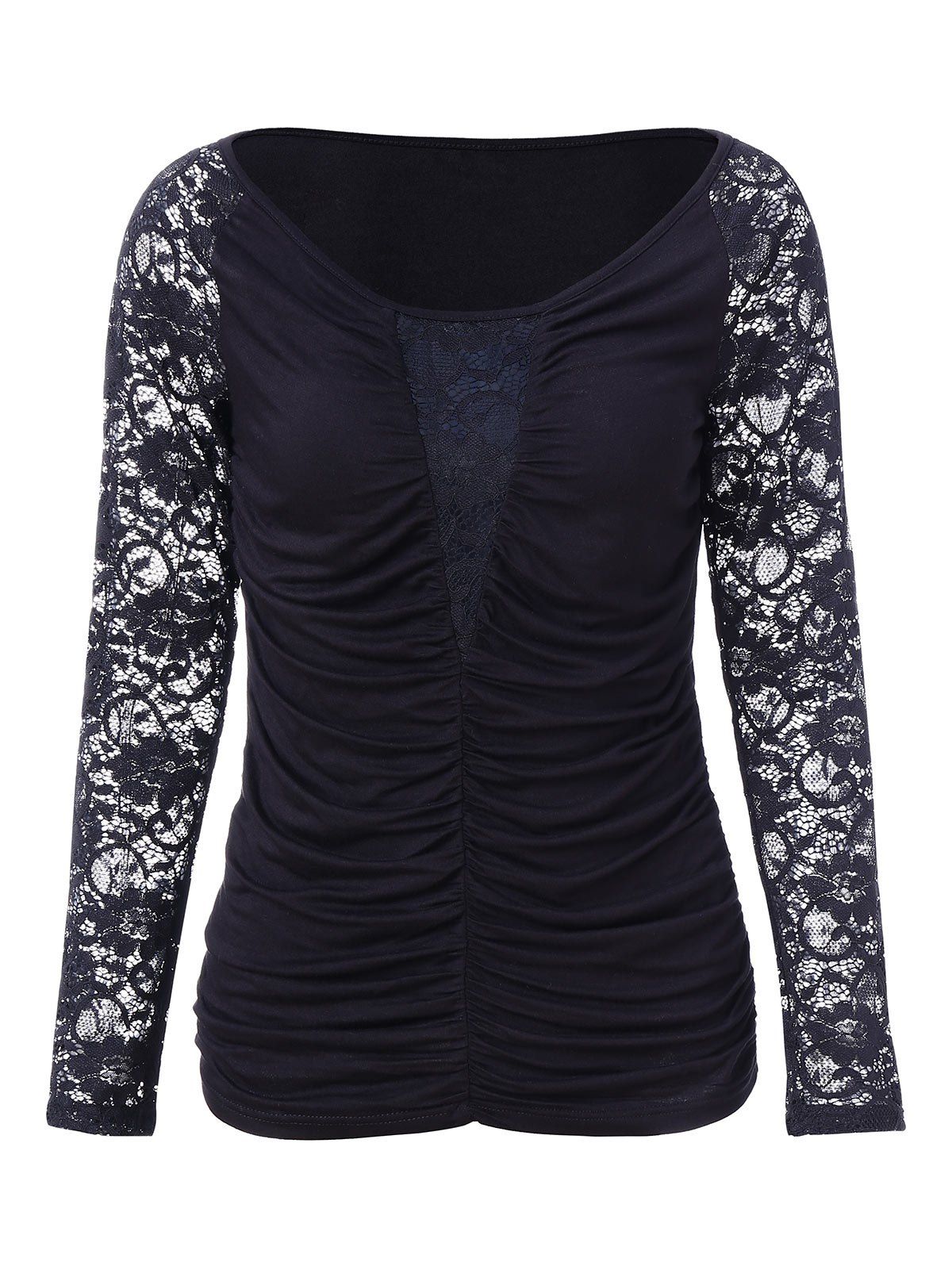 

Lace Raglan Sleeve Pleated T-shirt, Black