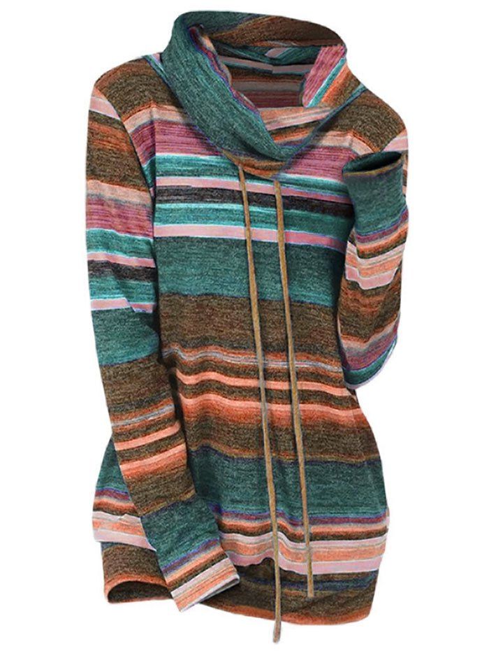 

Drawstring Collar Striped Knitwear, Medium aquamarine