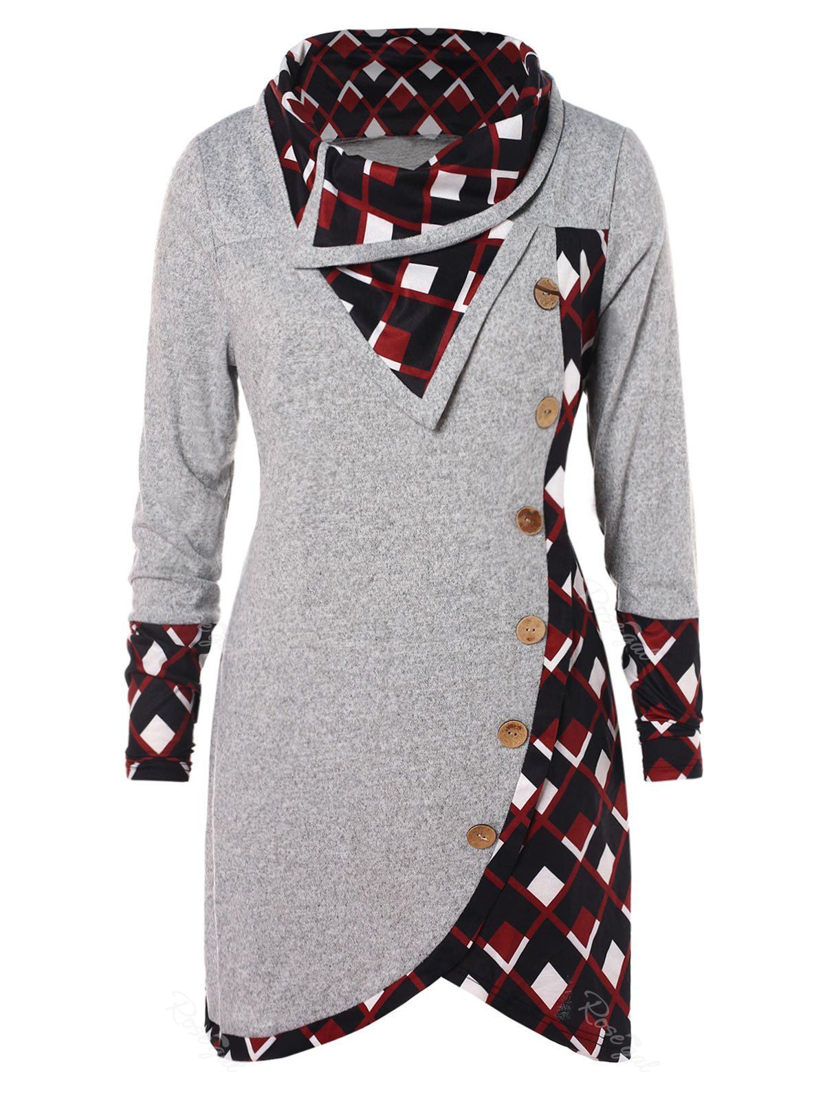 

Plus Size Plaid Buttons Long Tunic T-shirt, Gray