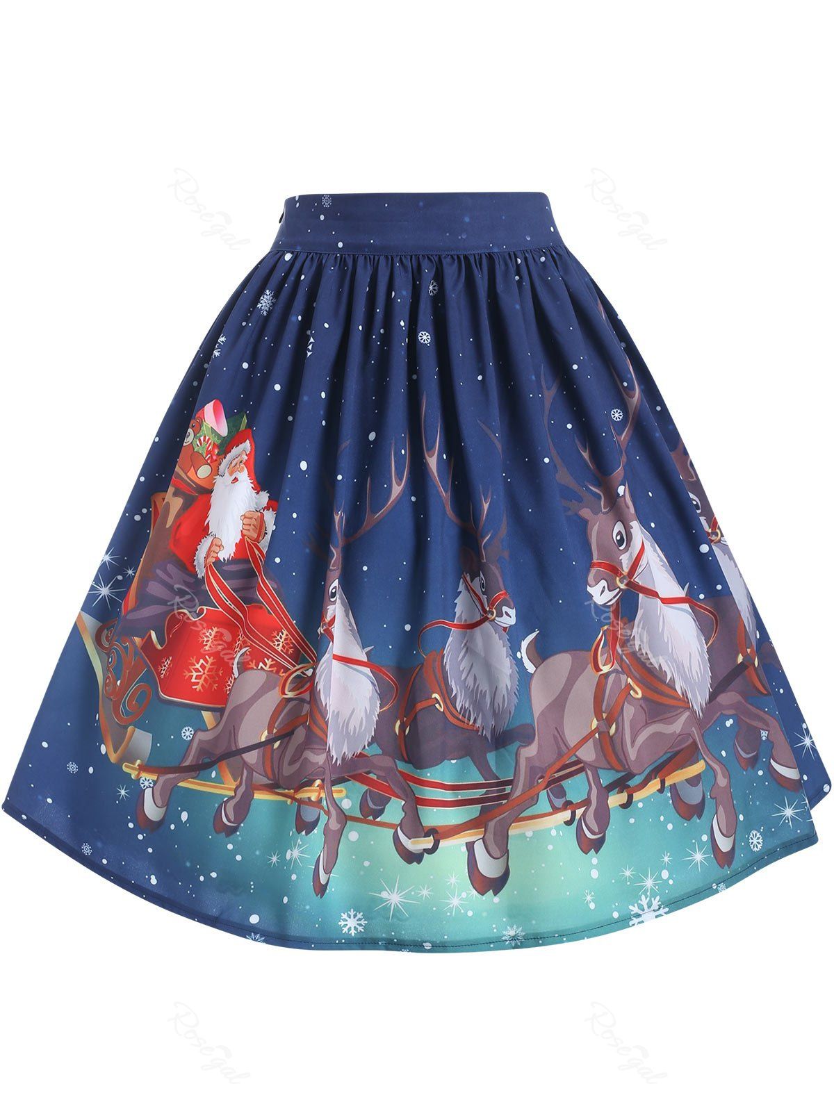 

Plus Size High Waisted Christmas Printed Skirt, Silk blue