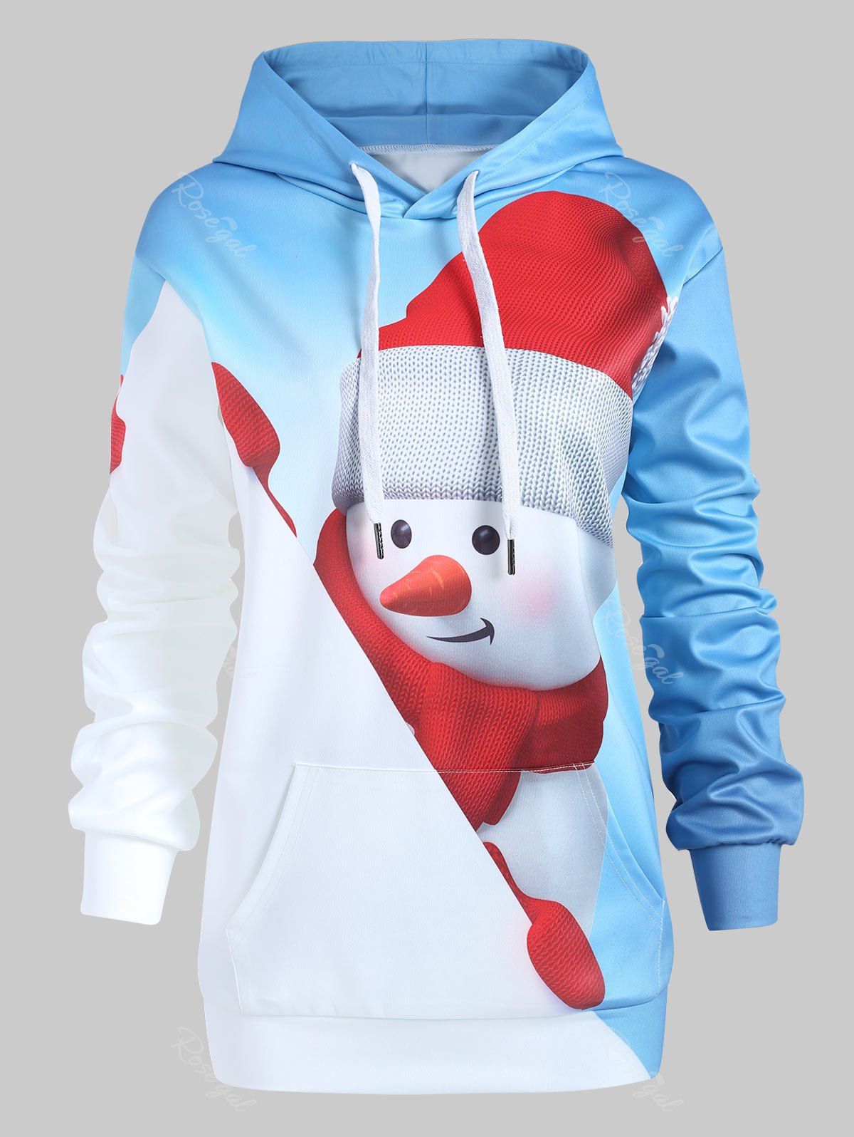 

Plus Size Pullover Christmas Snowman Front Pocket Hoodie, Deep sky blue