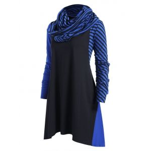 

Plus Size Striped Panel Asymmetrical Dress with Scarf, Black