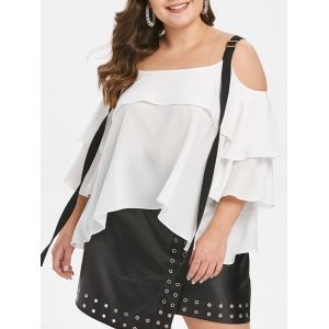

Plus Size Cold Shoulder Flounce Contrast Blouse, White