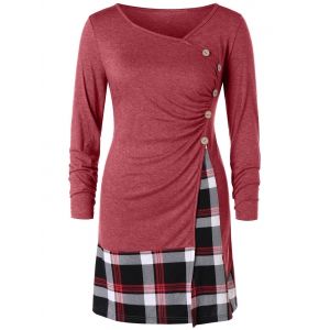 

Plus Size Buttons Plaid Long Tunic T-shirt, Valentine red